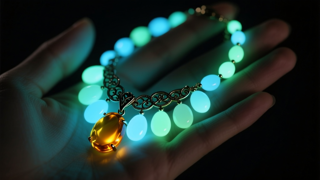 Hand holding a blacklight over a vintage amber necklace, revealing a bright pale blue and milky green fluorescence glow in the dark.