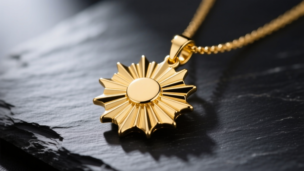 Close-up macro shot of an 18k yellow gold sunray necklace pendant with intricate radiating ridges resting on dark slate.