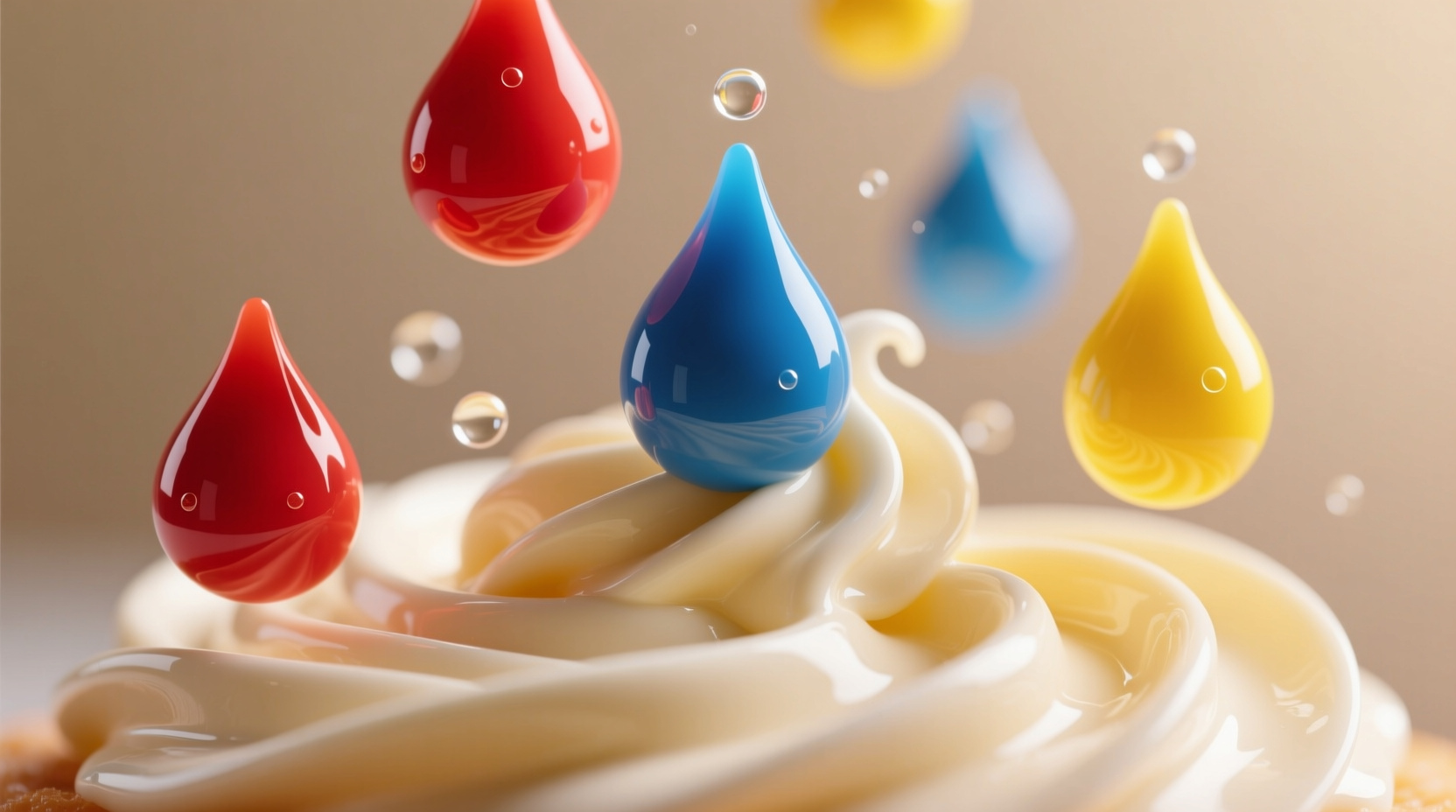 Close-up of food coloring drops in vanilla frosting