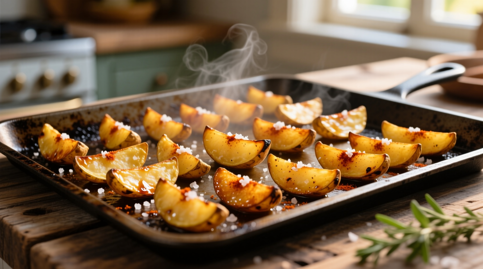 Perfectly golden potato wedges on baking sheet
