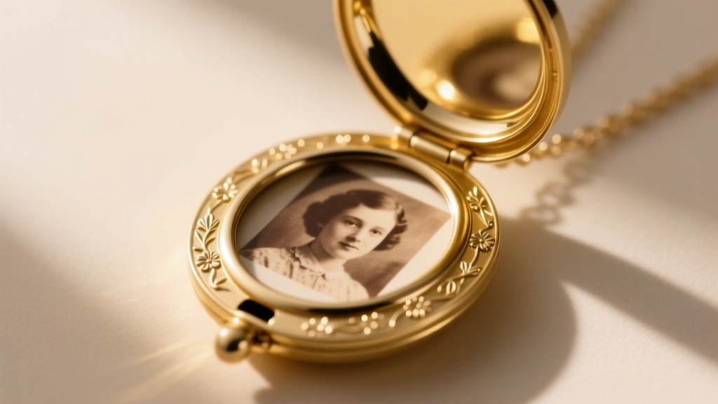 Gold locket memorial necklace opened to show a custom-printed sepia photo insert seated perfectly inside the polished metal bezel.