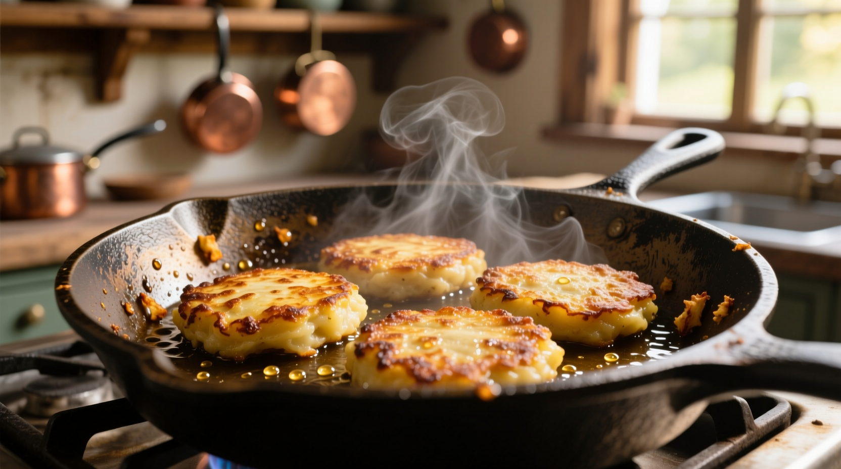 Golden brown potato cakes frying in cast iron skillet