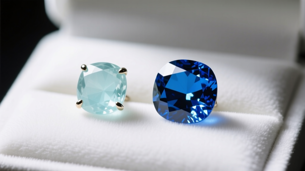Macro photo comparing a pale commercial aquamarine stud beside a vivid deep blue Santa Maria aquamarine on a white velvet pad.