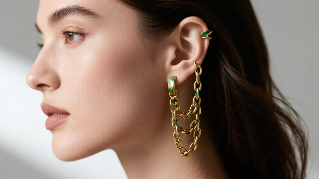 Side profile of a model wearing a layered brass and gold-plated chain ear cuff, showing slight green tarnish near the cartilage.