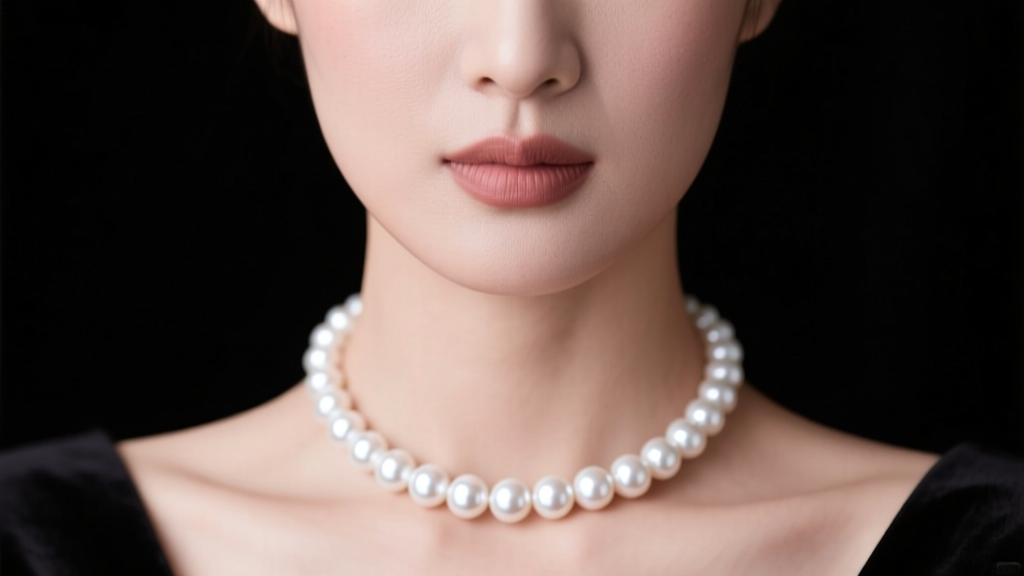 Close-up of a woman wearing a 16-inch white Akoya pearl choker, soft lighting highlighting the mirror luster against dark velvet
