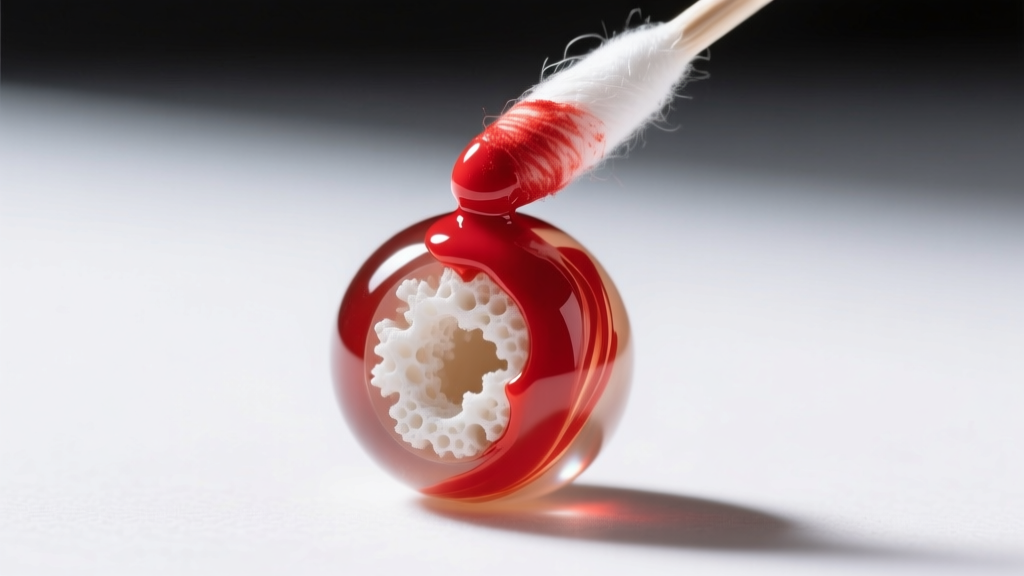 Macro shot of a cotton swab lifting red dye from a coral bead, revealing the chalky white core beneath the surface color layer.