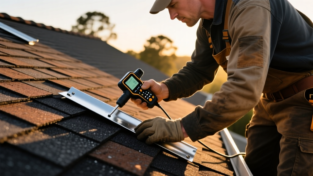 Roofer inspecting asphalt shingles and metal flashing on a residential roof with specialized moisture detection equipment