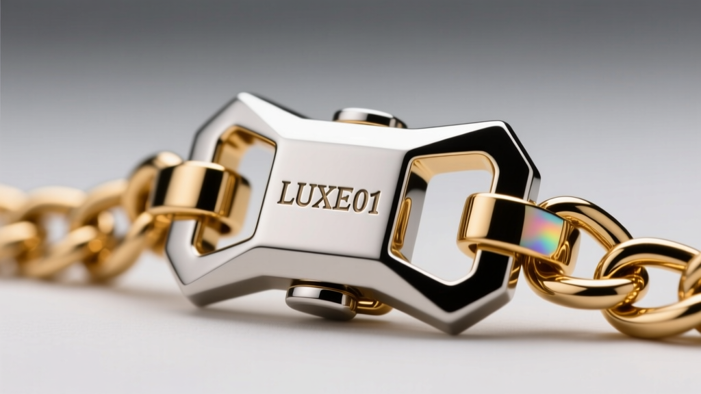 Macro shot of a steel lobster clasp on a PVD gold chain showing a precise laser-engraved maker mark and smooth polished edges.