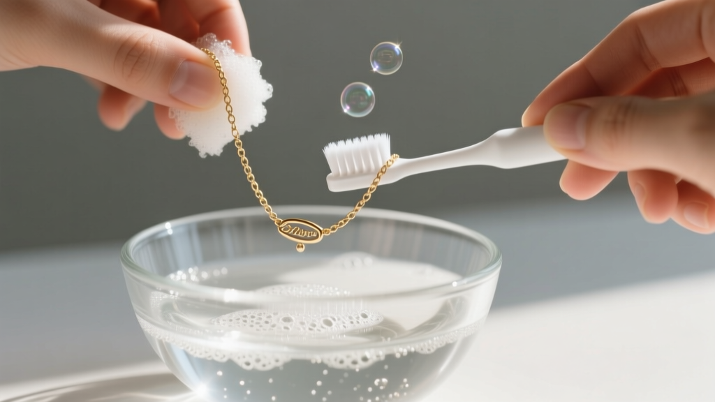 Hands gently scrubbing a white gold chain necklace with an extra-soft baby toothbrush inside a small glass bowl of soapy water.