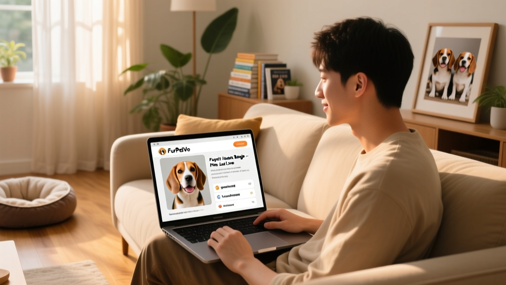 Laptop screen showing a FurPetVo pet profile page with photos, bio, and adoption checklist