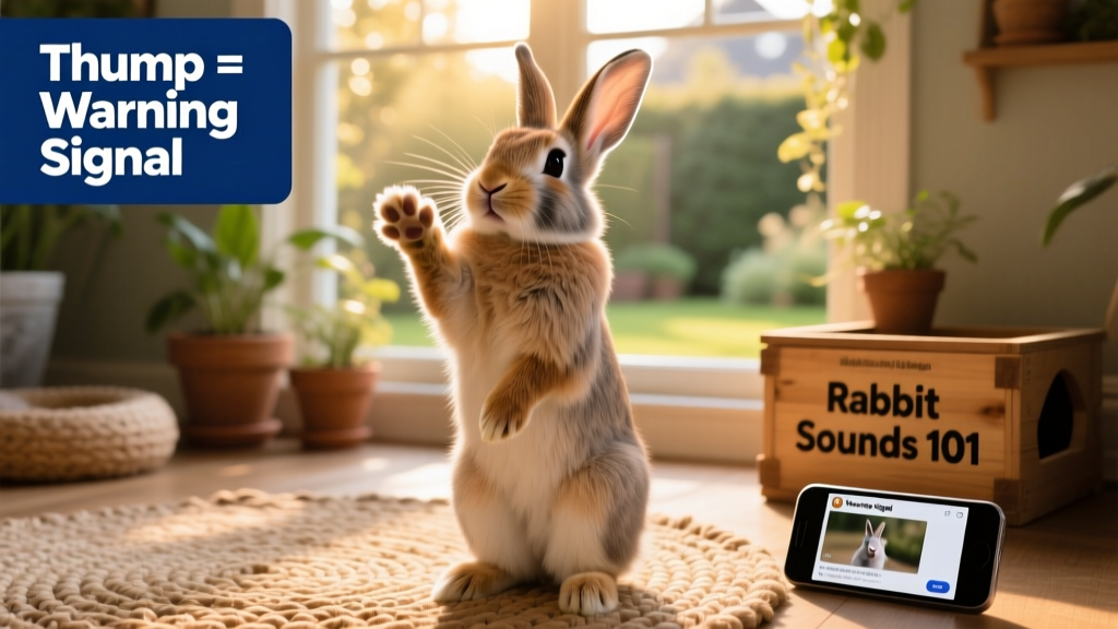 Rabbit standing upright on hind legs, ears alert, mid-thump