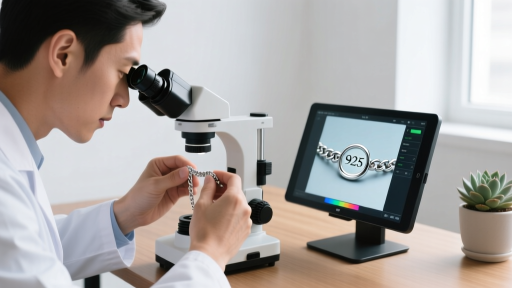 Jeweler using a 30x triplet loupe to inspect a silver chain clasp for a 925 hallmark, with a digital microscope on the desk.
