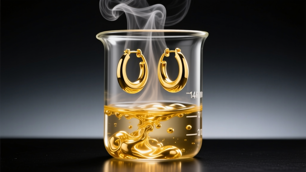 Solid 14k yellow gold hoop earrings submerged in a rolling boil inside a glass beaker, with steam rising against a dark background.