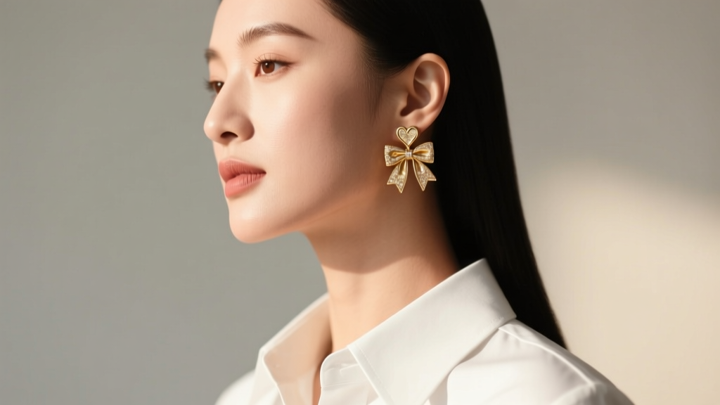 Side profile of a woman with a heart-shaped face wearing delicate gold drop bow earrings with a crisp white collared shirt