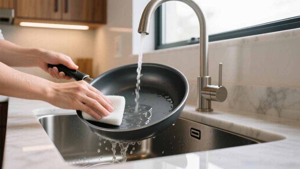 Person washing a dark gray ceramic non-stick pan with a soft sponge under warm water in a modern stainless steel kitchen sink.