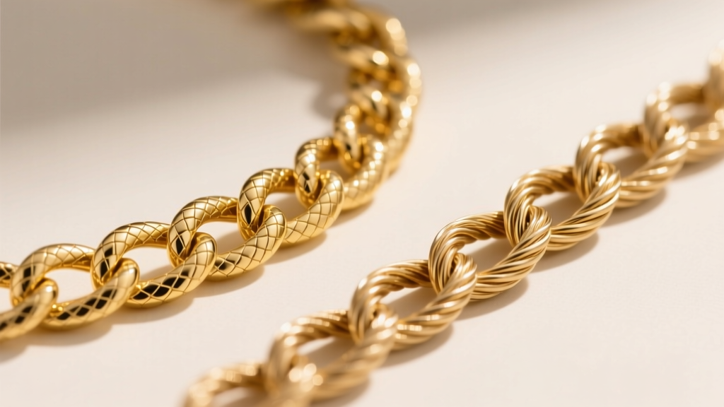 Close-up comparing a 3mm solid gold serpentine chain to a cable chain, emphasizing the flattened scaled texture of the S-links.