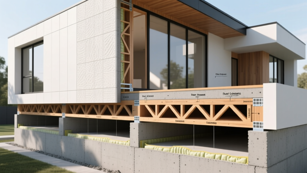 Cross-section architectural render of a modern home highlighting ICF foundation, engineered wood I-joists, and fiber cement cladding