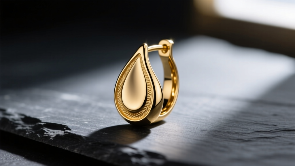 Macro photography of a 14k solid gold rain drop earring on a dark slate surface showing metal texture.