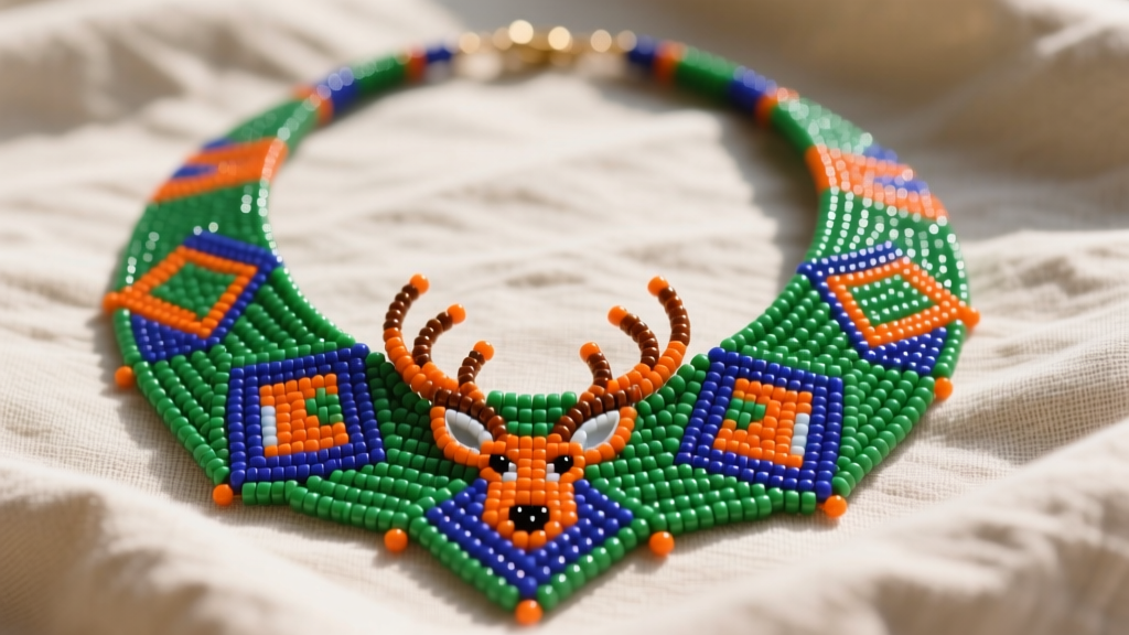 Vibrant Huichol Mexican necklace of tiny glass seed beads forming geometric deer motifs, displayed flat on a neutral linen cloth