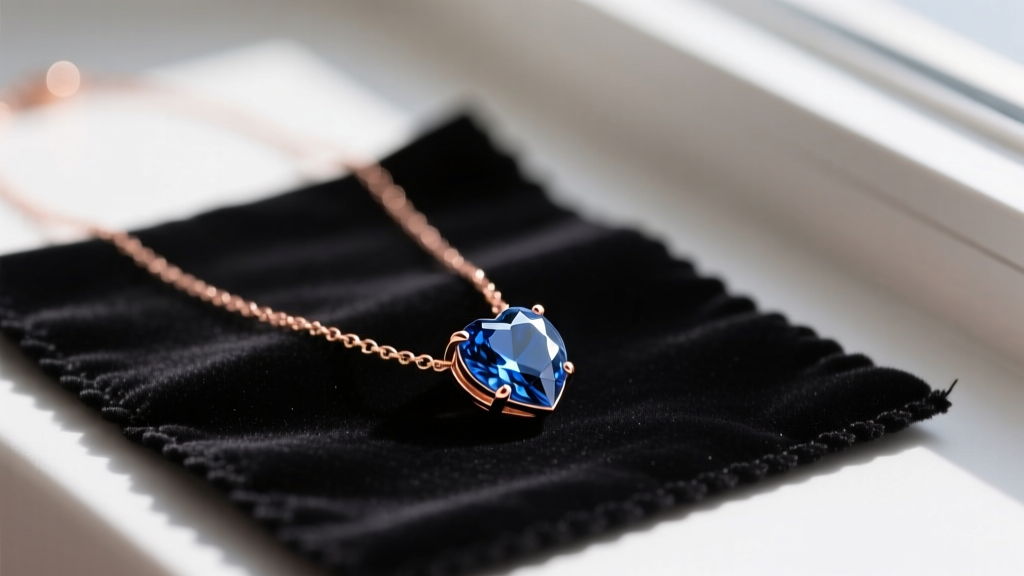 A rose gold Heart of the Ocean replica necklace with a blue sapphire pendant resting on a dark velvet cleaning mat.