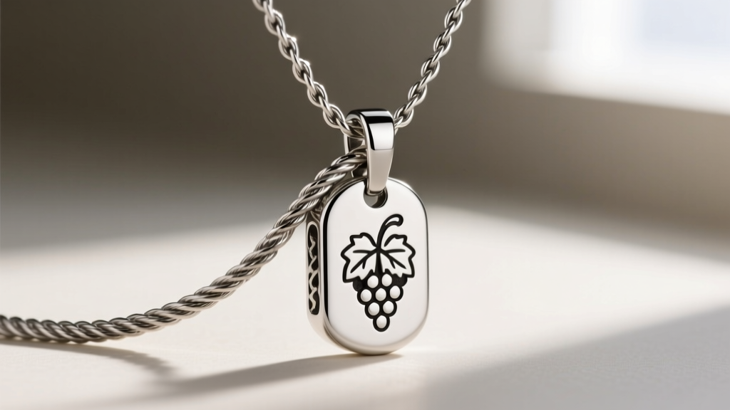 Detail of a 3.5mm steel rope chain and secure lobster clasp attached to a professional grade silver wine tasting pendant necklace