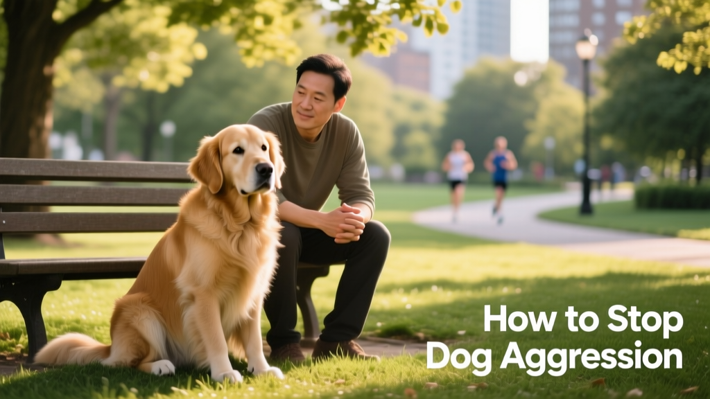 A calm dog sitting beside its owner on a grassy park bench, relaxed posture, soft eyes