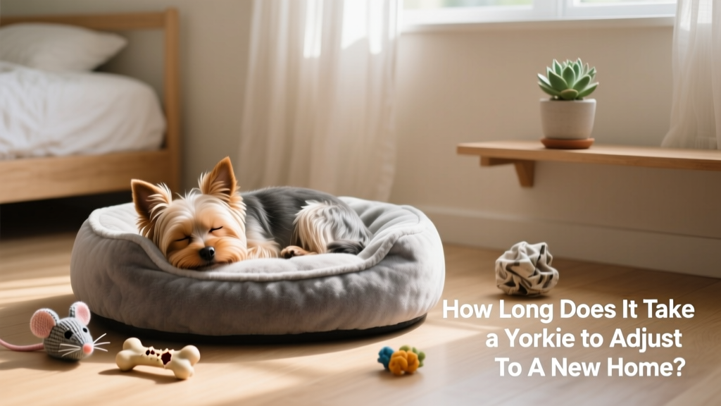 A small Yorkie curled up on a plush, designated bed with a few toys nearby in a quiet room