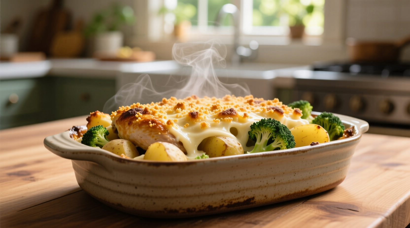 Golden baked chicken potato broccoli casserole in ceramic dish