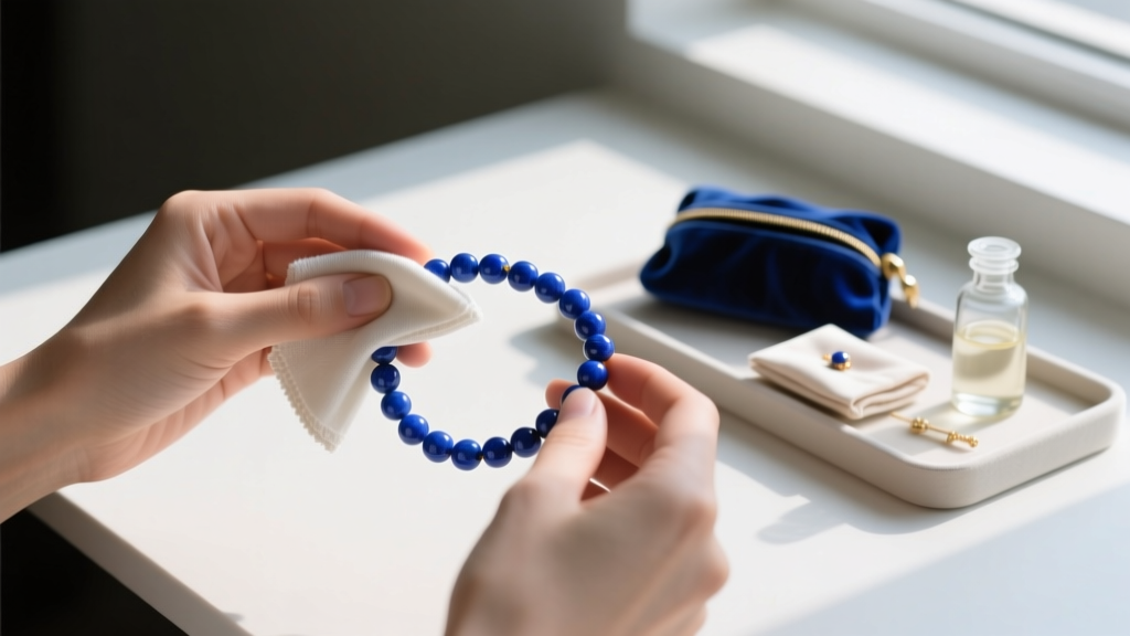 Hands wiping a beaded lapis necklace with a dry microfiber cloth, with a jewelry care kit visible in the softly lit background.