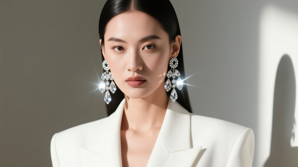 Portrait of a woman wearing oversized Weiss chandelier clip-ons with a crisp white minimalist blazer and sleek, slicked-back hair.