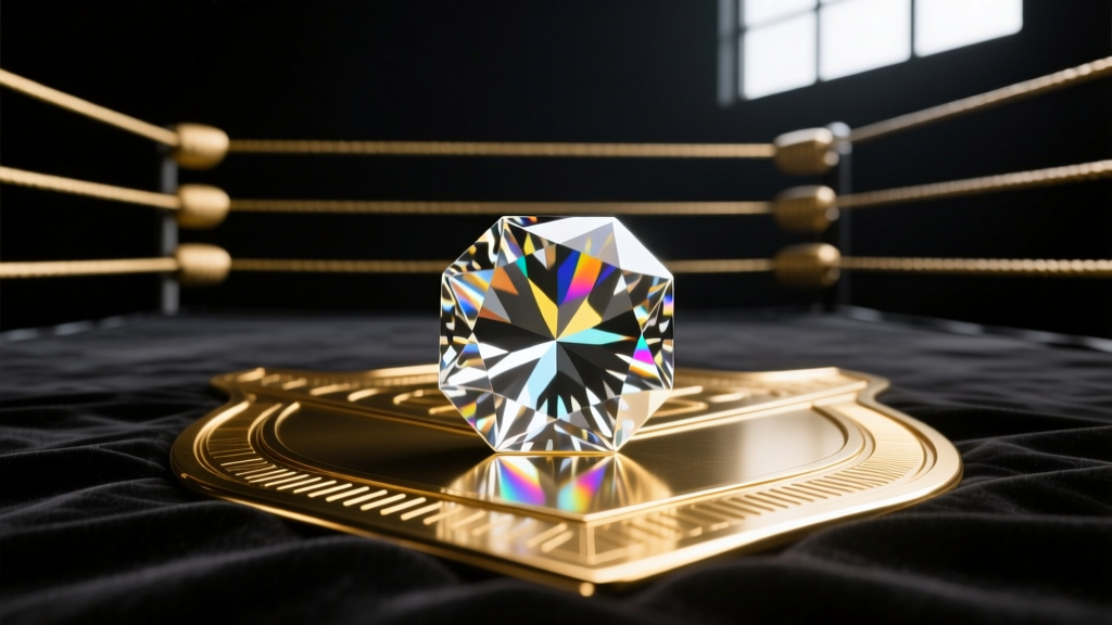 Macro shot of a wrestling championship ring on black velvet, highlighting gold plating and a large central cubic zirconia gem.