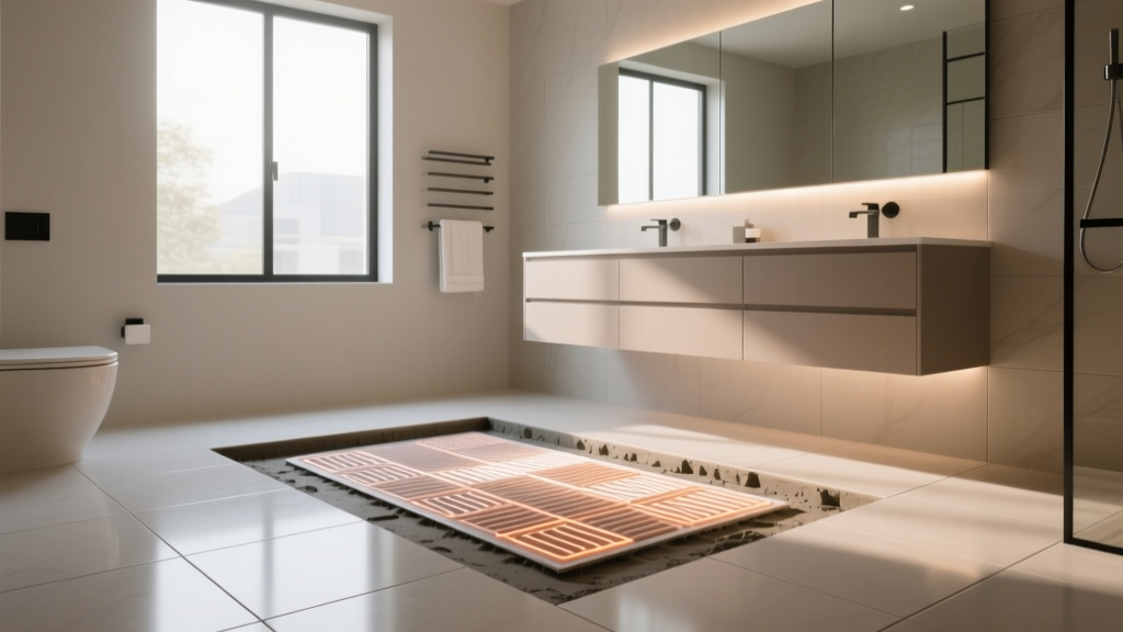 Electric radiant floor heating mat embedded in thin-set mortar beneath large porcelain tiles in a bright modern bathroom.
