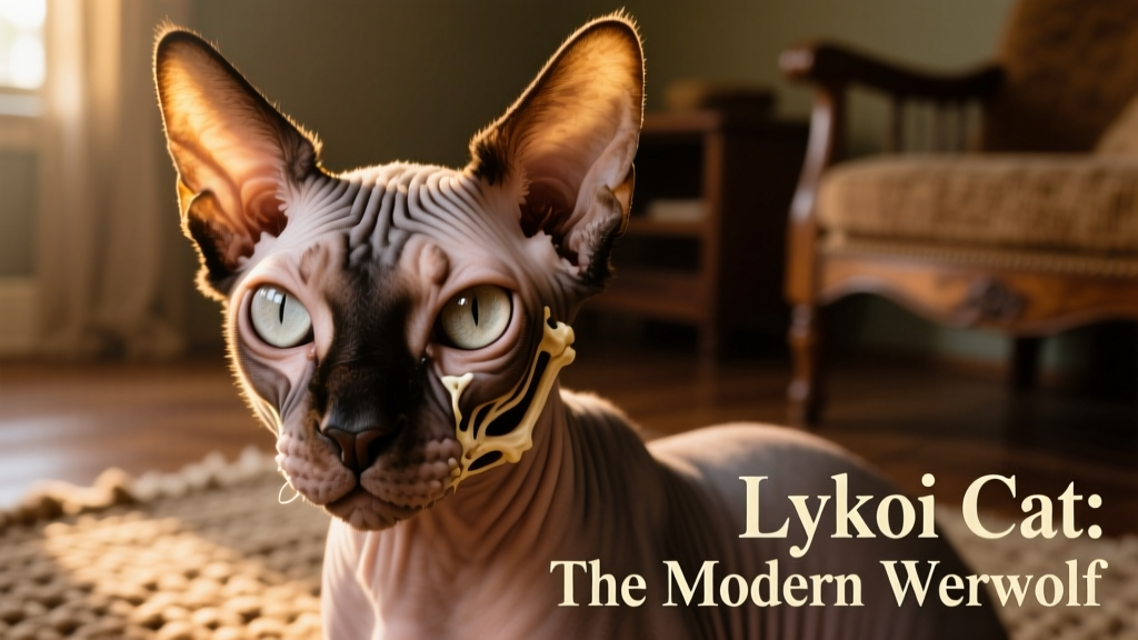 A close-up portrait of a Lykoi cat showing its distinctive partially hairless face and intense gaze