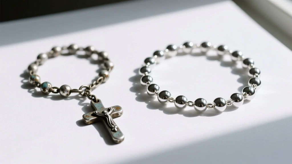 Tarnished silver-plated rosary chain beside a bright Argentium silver rosary chain, both resting on a clean white paper background.