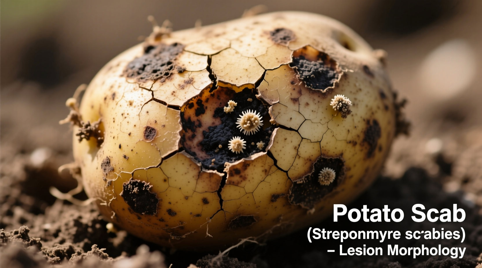 Close-up of potato scab lesions on harvested tubers