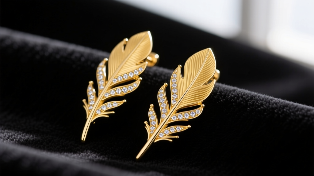 Macro shot of 18k yellow gold Prince of Wales feather motif earrings with micro-pavé diamond accents resting on dark velvet fabric