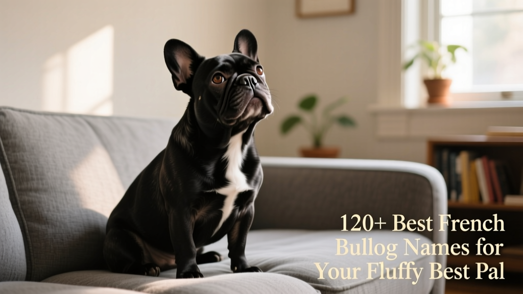 A black French bulldog sitting on a grey sofa, looking upwards with expressive eyes