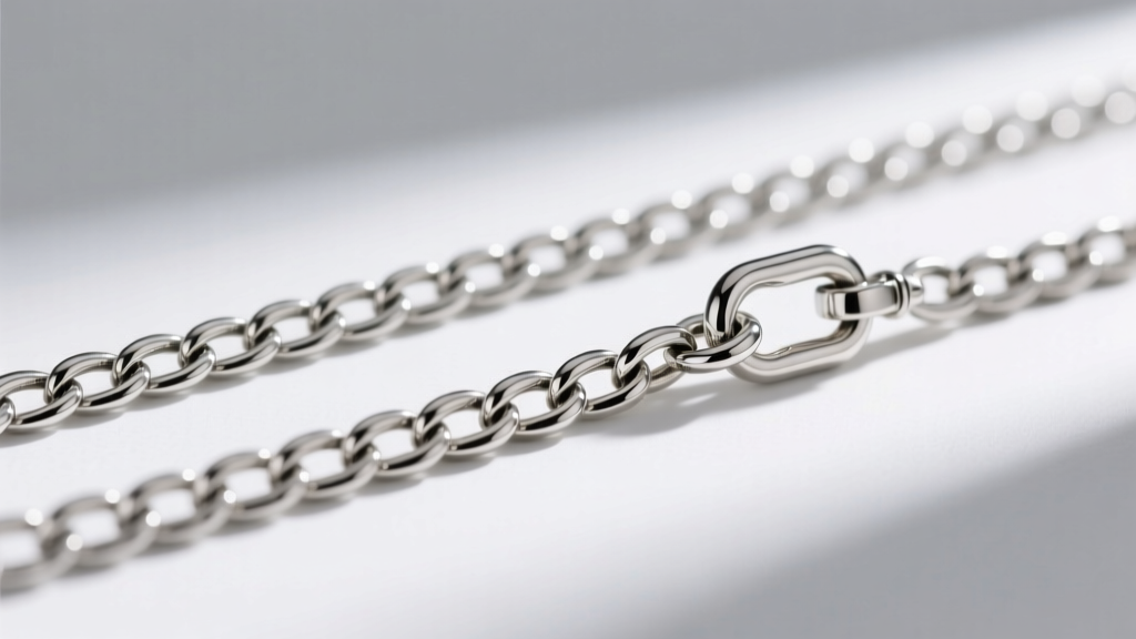 Macro shot of a 1.2mm sterling silver box chain and a 1.5mm rolo chain showing link structures and a secure lobster clasp.