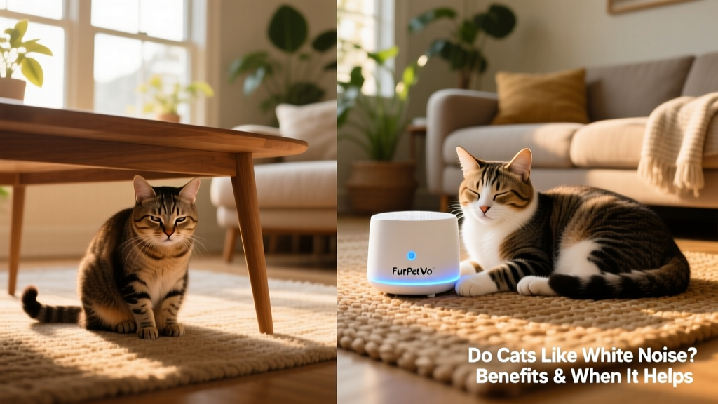 Side-by-side comparison: a stressed cat crouching under furniture versus the same cat relaxed beside a FurPetVo white noise device