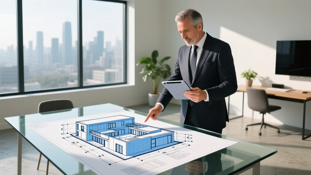 Architect reviewing digital cost to build calculator on a tablet while pointing at structural blueprints for a complex L-shaped residential home