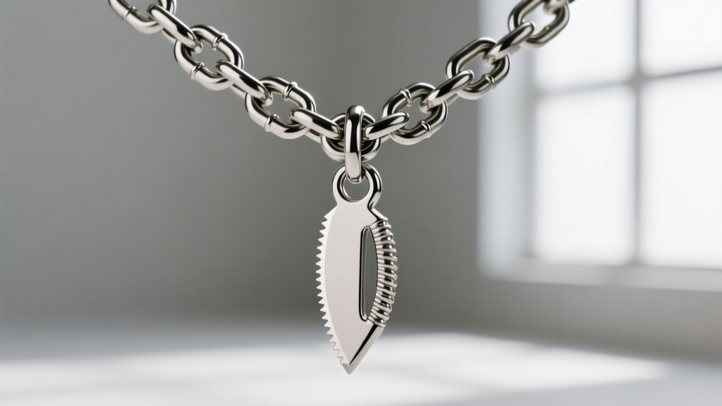 Detail of a 4mm steel curb chain securing a sharp razor pendant using a reinforced soldered jump ring and heavy lobster clasp