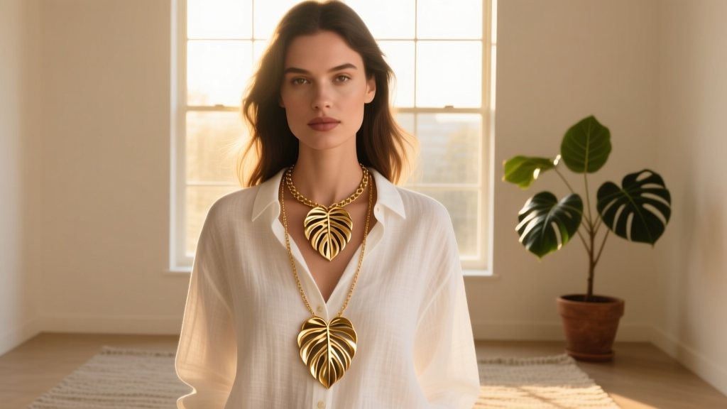 Woman wearing layered 16 and 18-inch monstera necklaces over a white linen button-down shirt, bathed in warm natural sunlight.