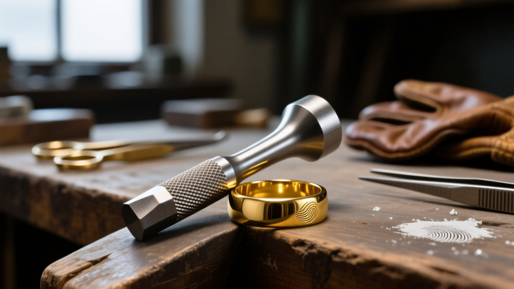 Macro shot of a hardened steel jeweler punch stamper resting on a polished 14k yellow gold ring band in a dimly lit workshop
