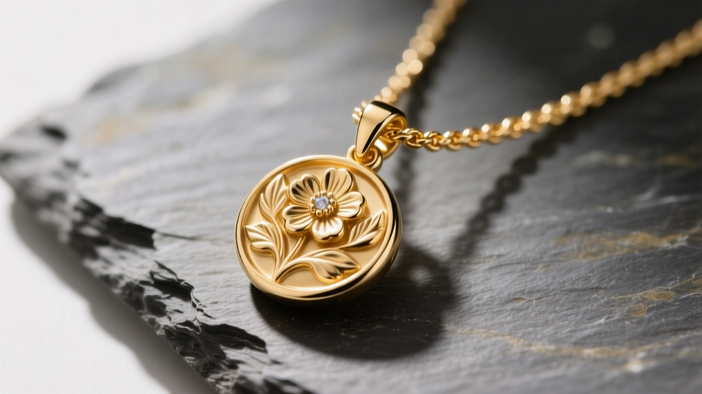 Macro shot of 14k gold mini bas relief pendant necklace on slate, showing tiny sculpted floral details and a delicate rope chain.