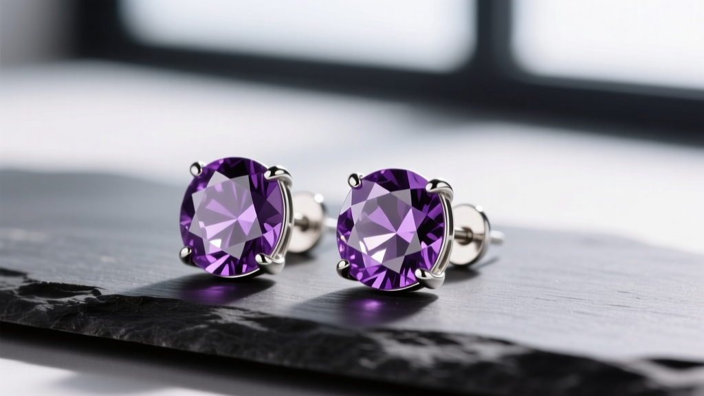 Close-up of 18-gauge sterling silver stud earrings featuring faceted purple amethyst gemstones resting on a dark slate surface