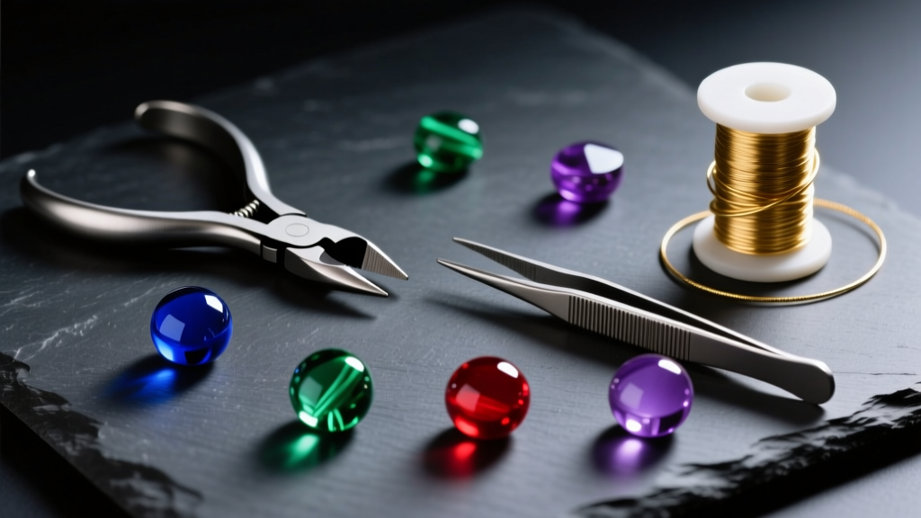 Flat lay of jewelry tools, gold wire spool, and colorful glass beads on dark slate under soft directional studio lighting