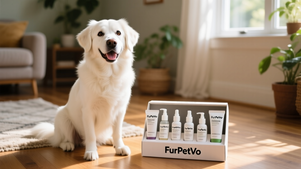 Happy dog with bright eyes and clean, white fur around the face, sitting beside a FurPetVo product bundle