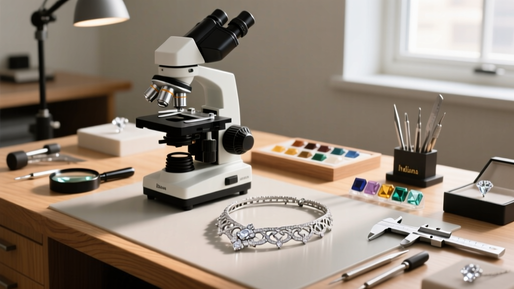 Indiana jeweler workbench featuring a gemological microscope, diamond grading tools, and a custom CAD-designed platinum necklace.