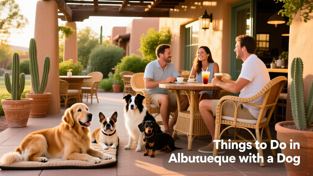 A relaxed outdoor patio scene at a dog-friendly café in Albuquerque, with dogs resting beside their owners’ tables.