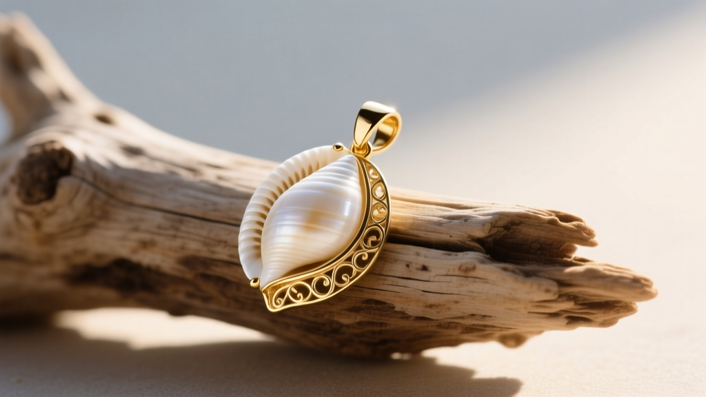 Close-up of a polished white cowrie shell pendant set in 14k recycled gold on sun-bleached driftwood with soft morning light.